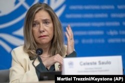 Celeste Salo, Secretary-General of the World Meteorological Organization, speaks about the state of the climate during a press conference at the European Headquarters of the United Nations in Geneva, Switzerland on March 19, 2024. (Marshall Trezzini/Keystone via AP)