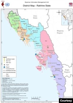 District map of Rakhine State, produced by Myanmar Information Management Unit with support from UK Aid, dated 24 April, 2020.