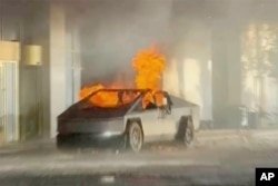 This image provided by Alcides Antunes shows a Tesla Cybertruck that exploded outside President-elect Donald Trump's Las Vegas hotel early on January 1, 2025.